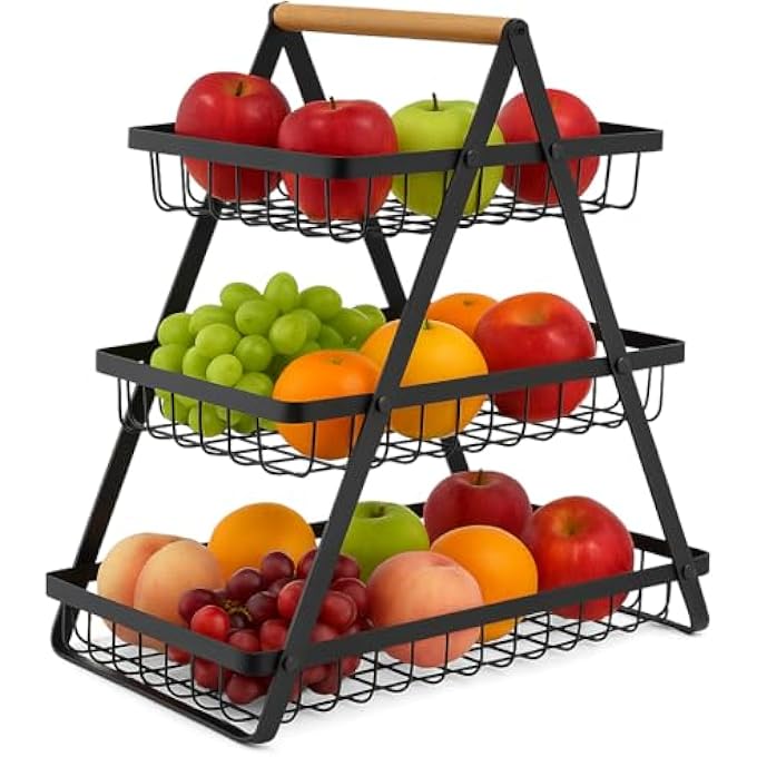 MARKQ 3-TIER FRUIT BASKET STAND  LARGE FLOOR FRUIT & VEGETABLE STORAGE RACK FOR KITCHEN | METAL PRODUCE ORGANIZER WITH DETACHABLE BASKETS, BREAD & SNACK HOLDER, BLACK POWDER-COATED STEEL FRAME - Image 1